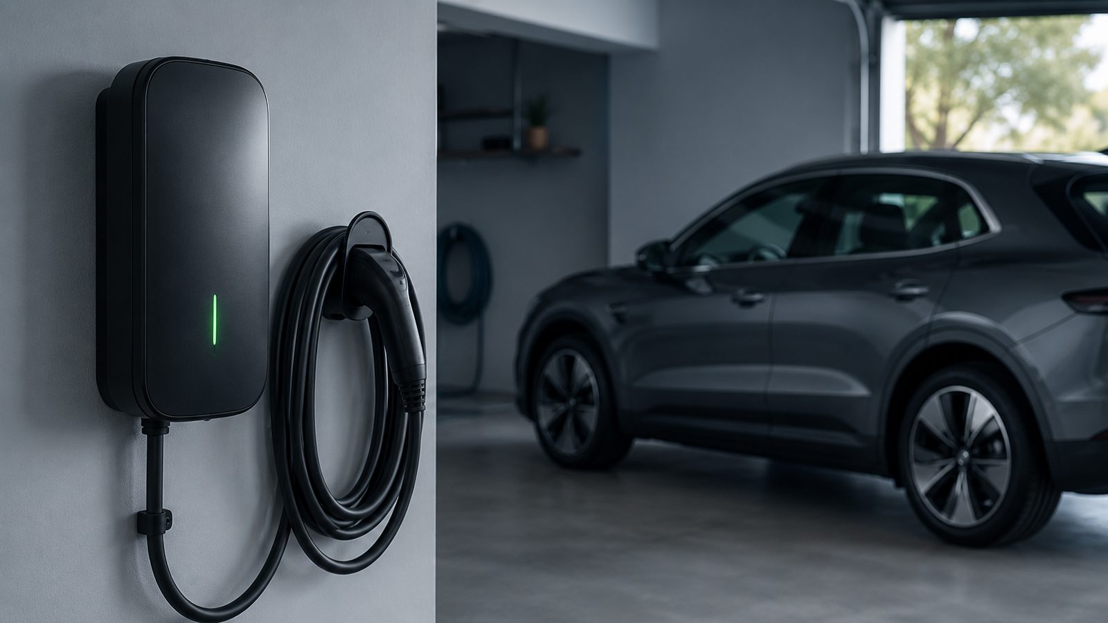 Wall-mounted Level 2 EV charger installed in a residential garage, charging cable coiled beside it, with an electric SUV parked alongside